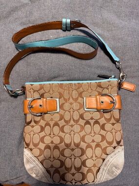 Coach Tan Signature Canvas Crossbody with Turquoise Trim and Tan Leather Accents